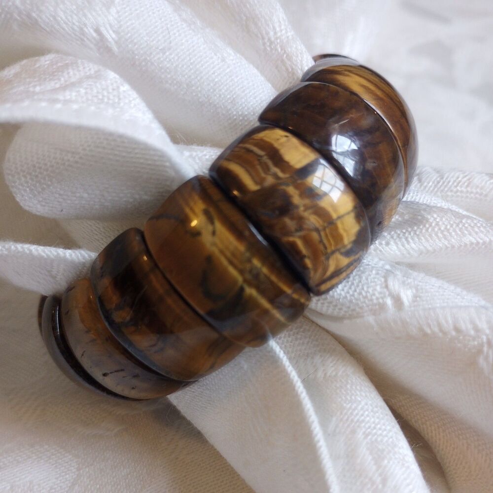 Natural Tigers Eye Crystal Cuff-Style Bead Bracelet Stretch 1in wide 2.5 inside